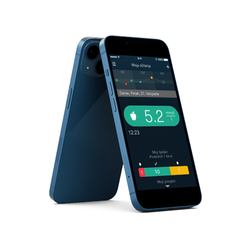 Zaslon pametnog telefona koji prikazuje aplikaciju CONTOUR DIABETES u upotrebi